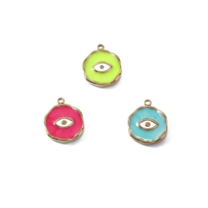 Macro detail of evil eye enamel pendants in vibrant green, pink, and sky blue colors