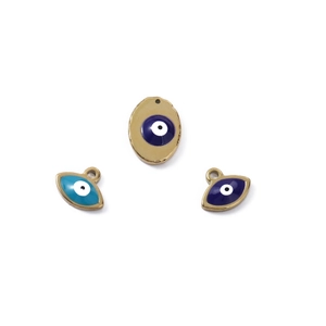 Detailed view of three gold-plated stainless steel evil eye enamel pendants for DIY jewelry