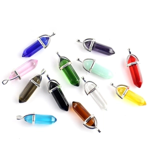 Set of 12 hexagonal crystal column pendants in multiple colors with silver metal loops