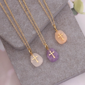 Minimalist natural stone cross necklace set with amethyst pink crystal and gold chain
