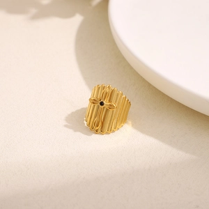 Minimalist 18k gold plated stainless steel wide ring with cross design and black zircon