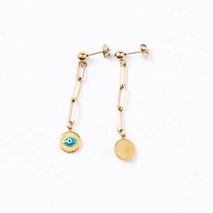 Detail of bohemian gold paperclip chain earrings with asymmetric evil eye pendant