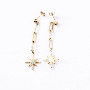 Detail of bohemian gold paperclip earrings with star pendant and blue bead inlay