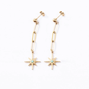 Detail view of gold paperclip chain earrings with bohemian star and blue eye pendant