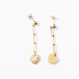 Detail of bohemian gold asymmetric heart drop earrings with intricate hollow design