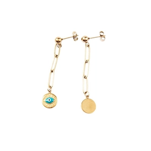 Bohemian gold paperclip drop earrings with evil eye pendant and asymmetric design