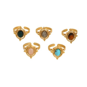 Set of 5 vintage palace style adjustable rings with colorful natural stones and crystals