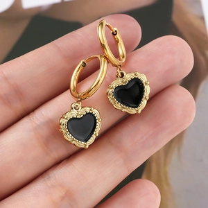 French Baroque heart earrings in black and gold with milgrain bead frame design
