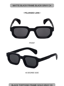 Vues frontale et latérale de lunettes de soleil carrées polarisées noir mat pour hommes