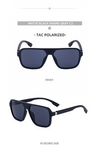Detail view of matte black polarized sunglasses featuring TAC lens technology and wide frame