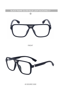 Macro view of black square frame sunglasses with silver bridge detail and blue light blocking