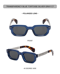 Vue détaillée des lunettes de soleil carrées polarisées avec monture bleue transparente