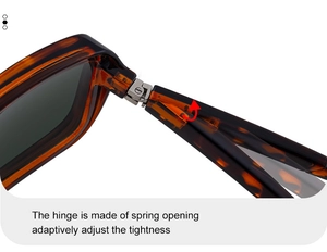 Detail of high-quality spring opening hinge on amber tortoise sunglasses frame