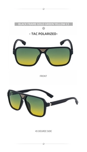 Detailed front and 45-degree side views of square polarized sunglasses with gold accents