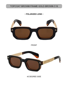 Détails de lunettes polarisées avec charnières en T dorées et branches à motifs flèches
