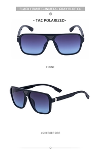 Front and side view of black frame aviator sunglasses with blue gradient polarized lenses