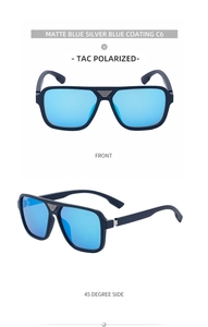 Detail of matte blue polarized sunglasses with TAC lenses and square frame for men