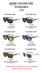 Detailed grid showing six diverse color styles of square polarized sunglasses ZX-8950P
