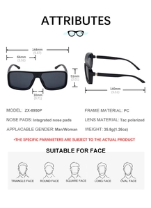 Detailed size specifications for square polarized sunglasses with model measurements