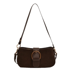 Dark brown retro underarm bag with metal ring buckle and mixed leather textures