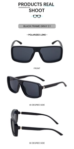 Front and side views of black square polarized sunglasses with gray lenses