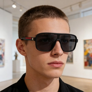Détail de lunettes de soleil polarisées noires mates avec bande rouge sur la branche