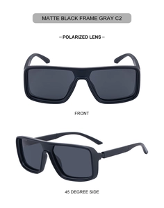 Detail view of matte black polarized square sunglasses with gray lenses and 45-degree angle