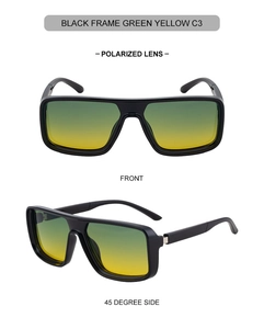 Close-up of square black polarized sunglasses with green to yellow gradient lenses