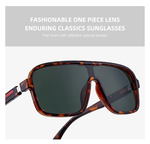 Close-up of tortoise shell square frame sunglasses with grey shield lens and stripe detail