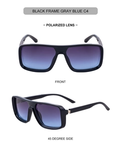 Front and side view of square black polarized sunglasses with gray-blue gradient lenses