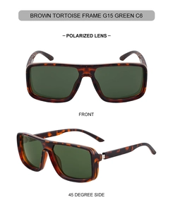 Polarized sunglasses with brown tortoise frame and G15 green lenses shown from two angles
