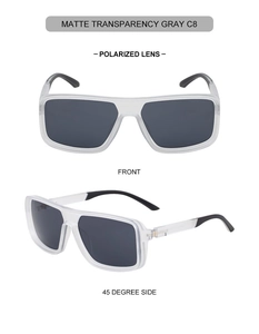 Front and 45-degree side view of matte transparency gray polarized square sunglasses