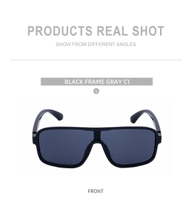 Front view of black square sunglasses with integrated frame and dark gray lenses