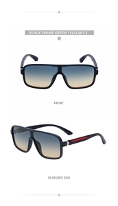 Detail view of square black sunglasses featuring signature red and green temple stripes