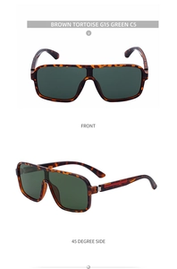 Detail view of square tortoise sunglasses with G15 green lenses and red temple accents