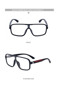 Detail view of square blue light blocking glasses with iconic red stripe on black temples