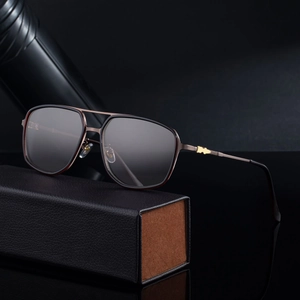Mens aviator sunglasses with square metal frame and leather case in dark tones