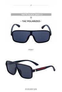 Vues détaillées de lunettes de soleil carrées polarisées noir mat avec détails rouges