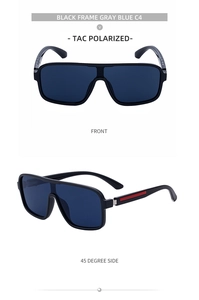 Détail de lunettes de soleil carrées polarisées avec verres gris-bleu et détails rouges