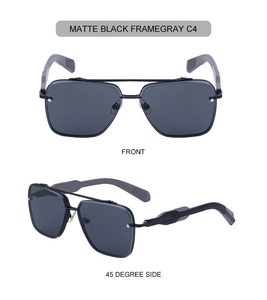 Detailed views of matte black double bridge aviator sunglasses with gray lenses