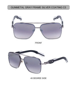 Detail view of gunmetal gray square frame sunglasses with silver coated purple lenses