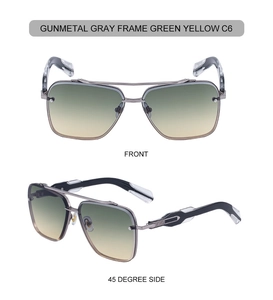 Front and side view of gunmetal aviator sunglasses with green-yellow gradient lenses