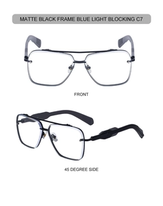 Detail view of matte black square frames with double bridge and blue light blocking lens