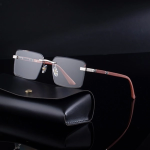 Fashionable square rimless sunglasses with wooden textured temples and premium black leather case