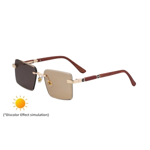 Chic square rimless photochromic sunglasses with wood grain temples and metal hinges