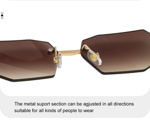 Detail of adjustable metal nose pads and bridge on rimless geometric sunglasses
