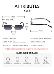 Detailed size chart and dimensions for rimless polygon sunglasses with frame measurements
