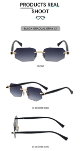 Three-angle product view of rimless polygon sunglasses with black gradual gray lenses