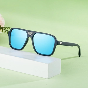 Square polarized sunglasses with blue mirrored lenses and silver metallic accents