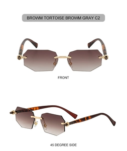 Macro detail of rimless geometric sunglasses with brown tortoise temples and gold metal bridge